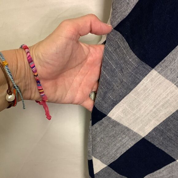 THML Navy White Large Check Frayed SS Boho Embroidered Knee Length Dress Size M - Picture 13 of 16